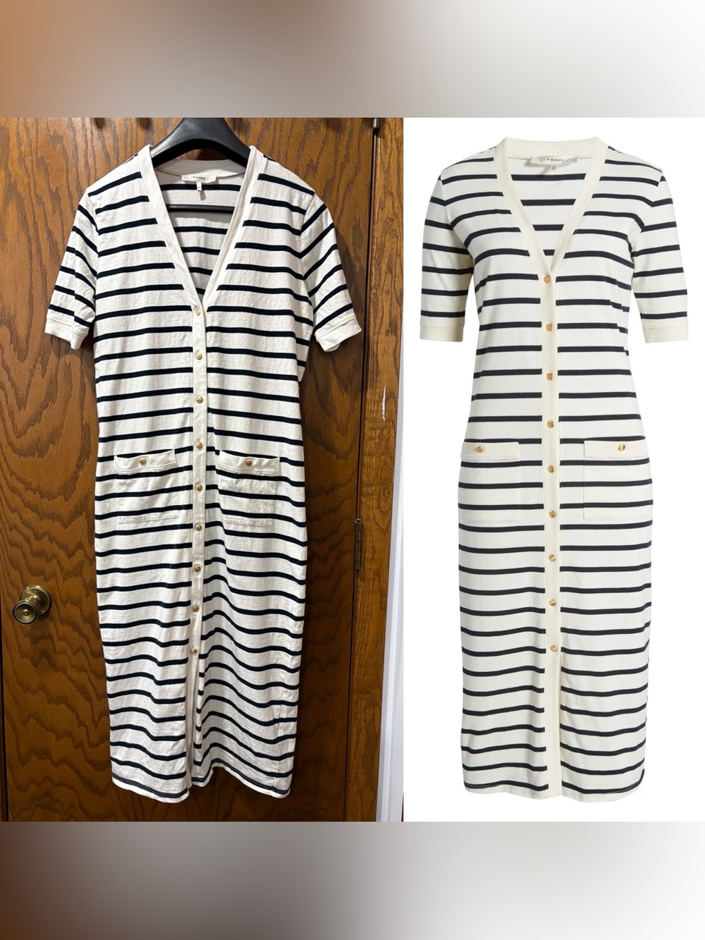 Frame Henley Organic Cotton White Navy Striped Nautical Gold Button Midi Dress M